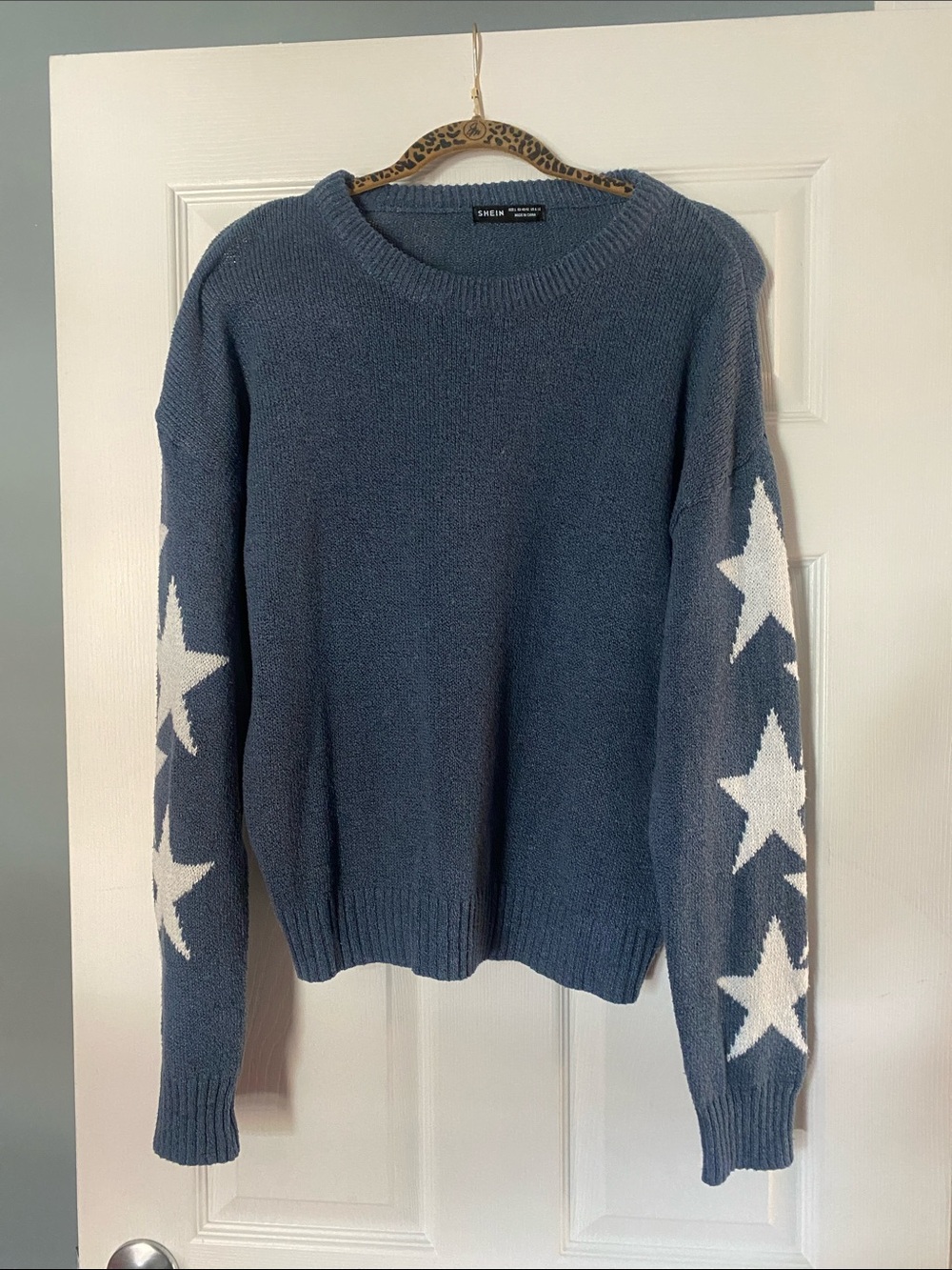 SHEIN Denim Blue Crewneck Sweater with White Star Sleeves